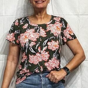 Roz & Ali Green Floral Short Sleeve Blouse Sz M